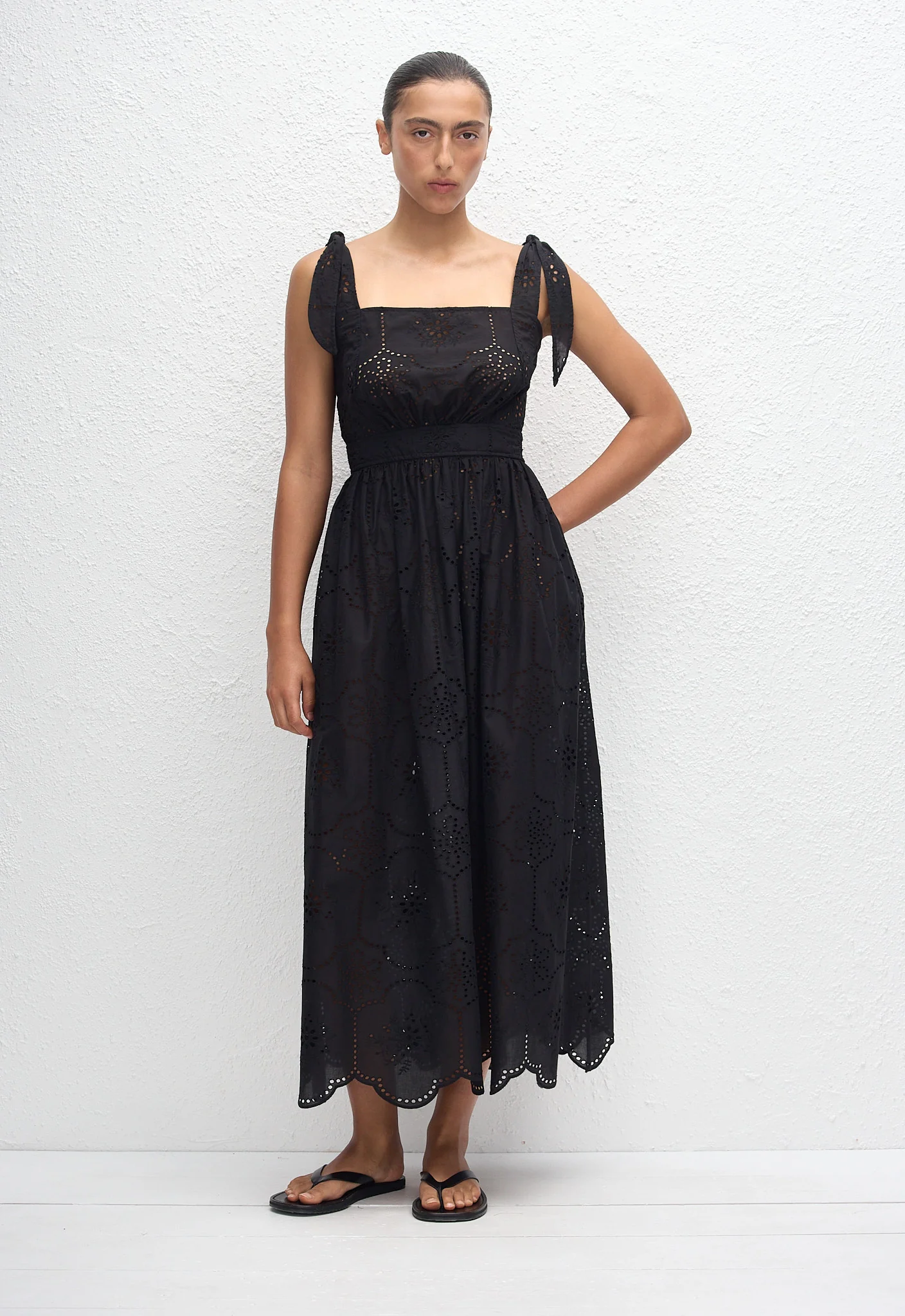 Broderie Apron Midi Dress - Black