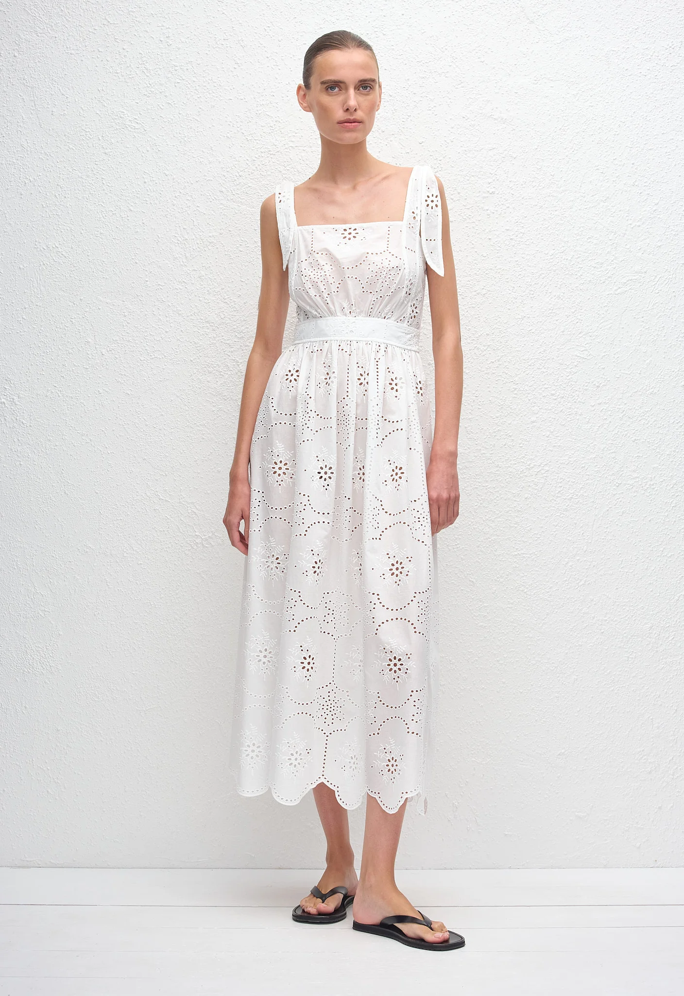 Broderie Apron Midi Dress - White
