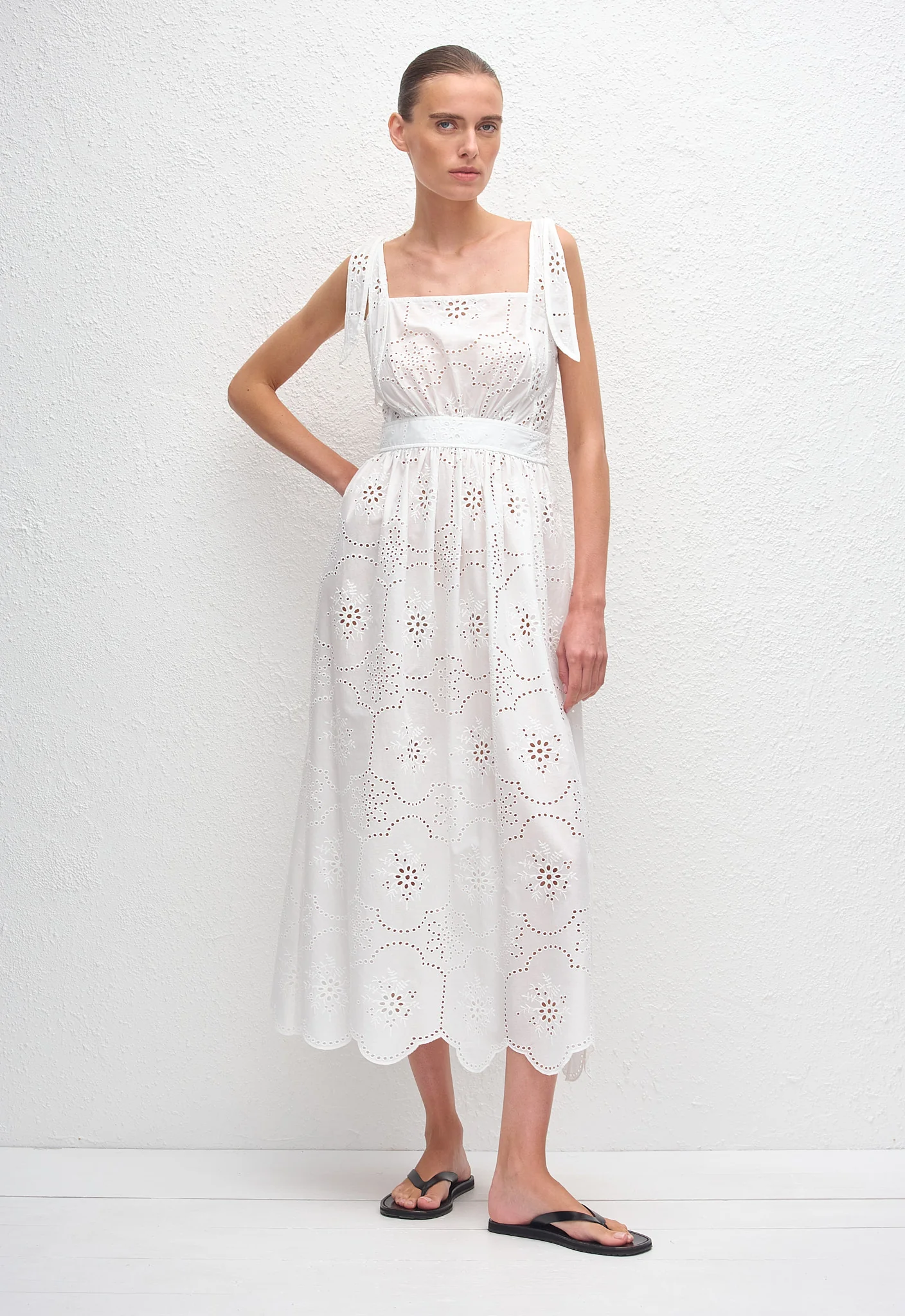 Broderie Apron Midi Dress - White - Image 3