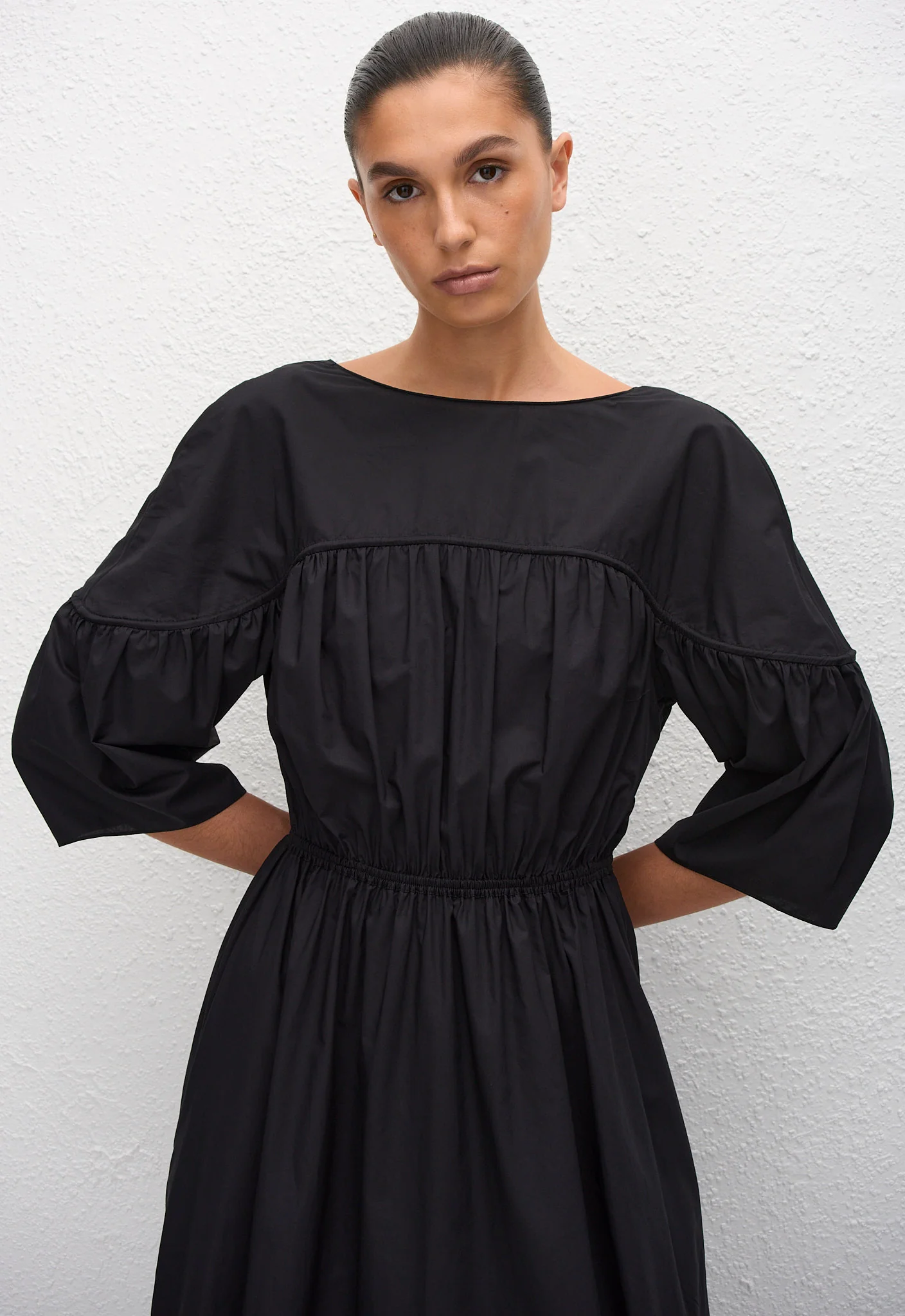 Gathered Yoke Midi Dress - Black - Image 2