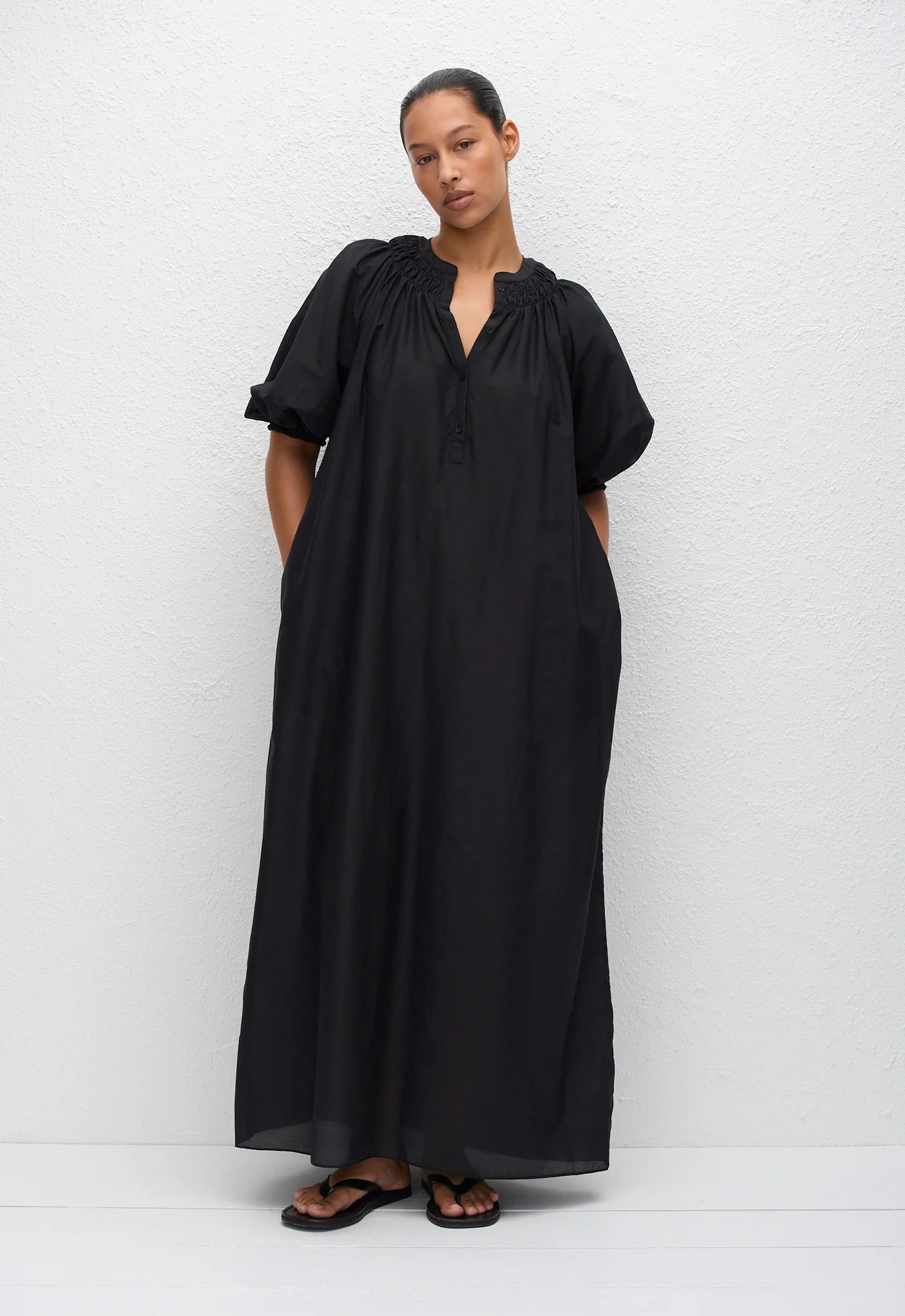 Gathered Yoke Popover Dress - Black