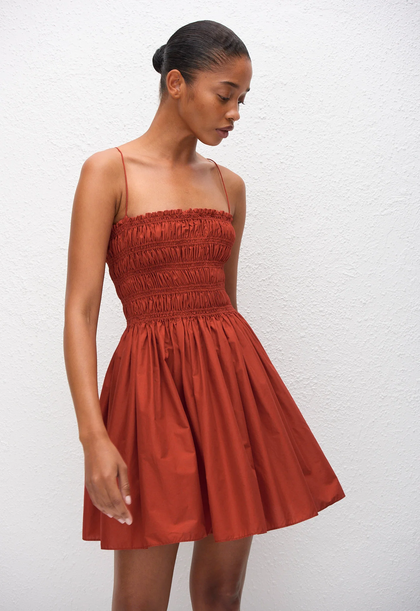 Shirred Bodice Mini Dress - Tomato - Image 2