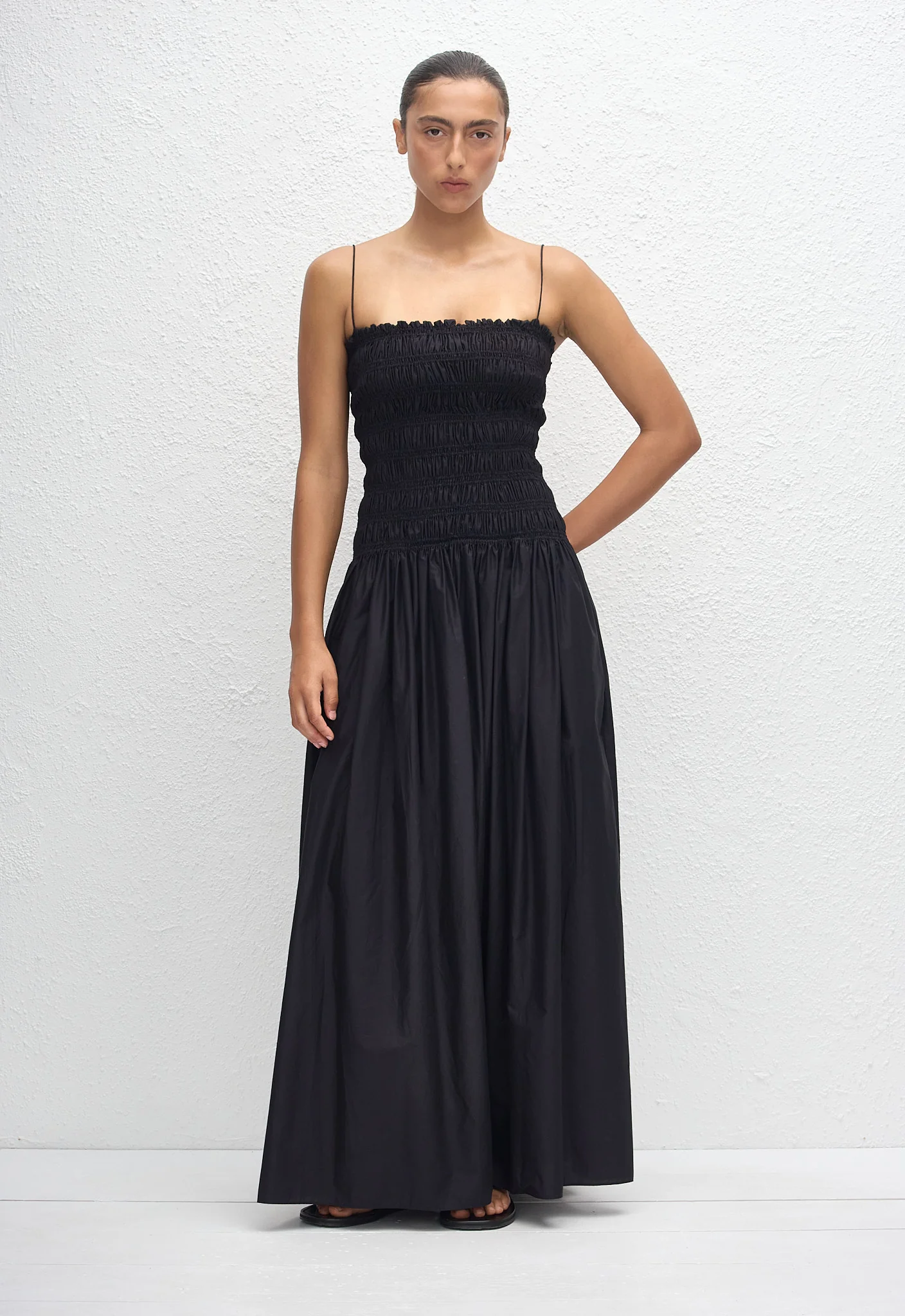 Shirred Drop Waist Dress - Black