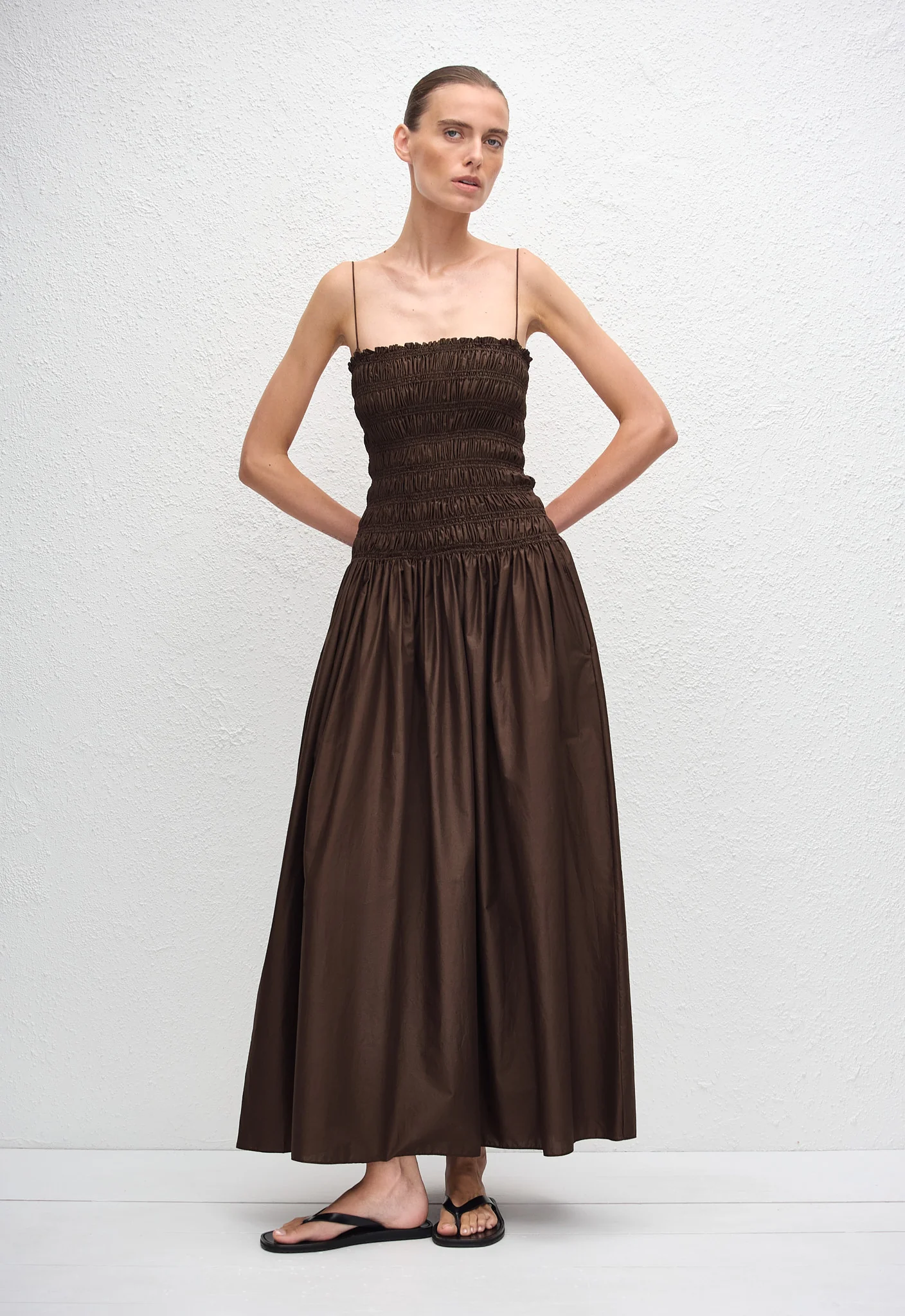 Shirred Drop Waist Dress - Chocolate - Image 3