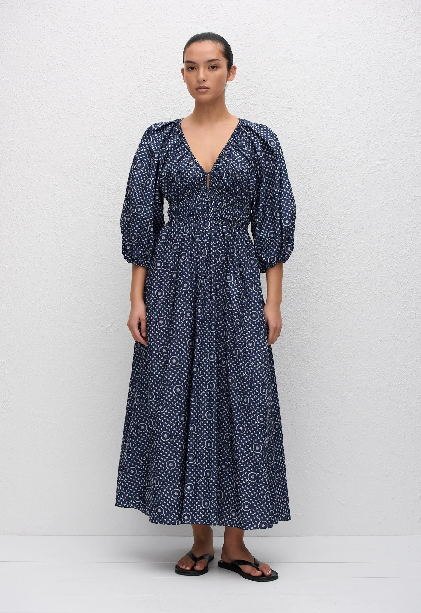 Shirred Plunge Button Dress - Bluebell