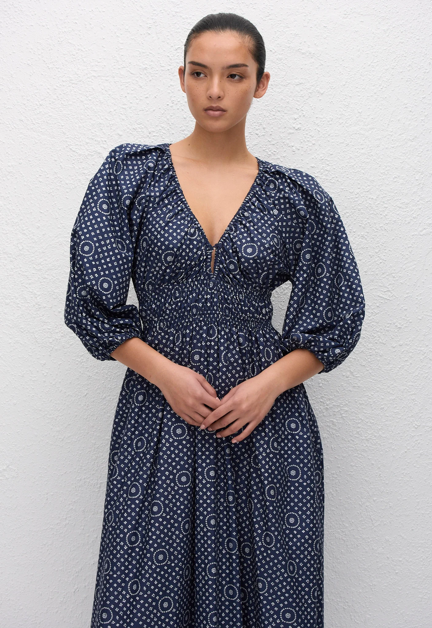 Shirred Plunge Button Dress - Bluebell - Image 2