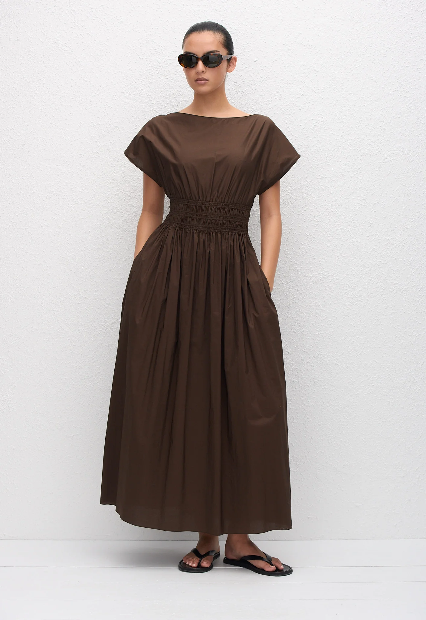 Shirred Waist Midi Dress - Chocolate - Image 3