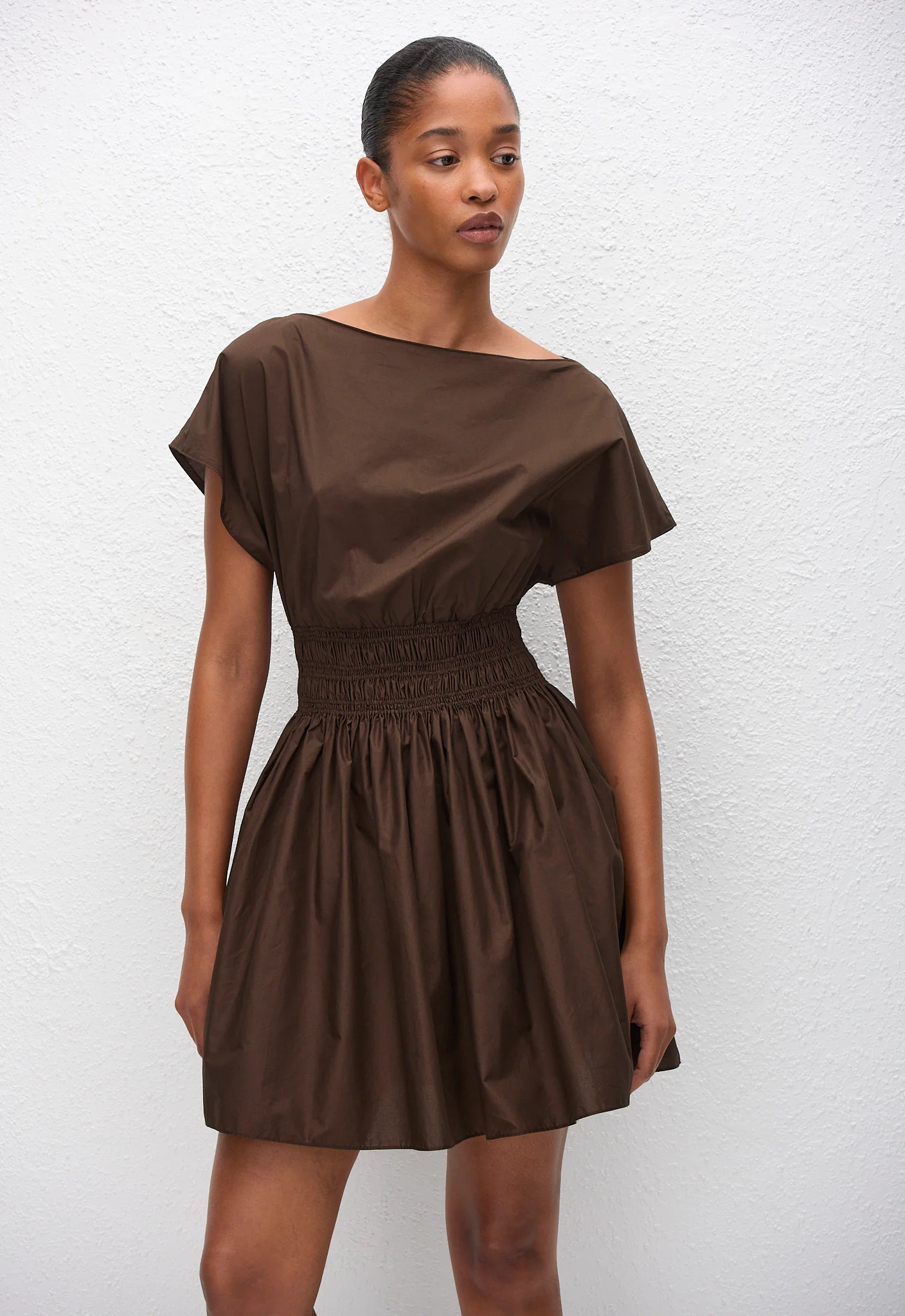 Shirred Waist Mini Dress - Chocolate - Image 2