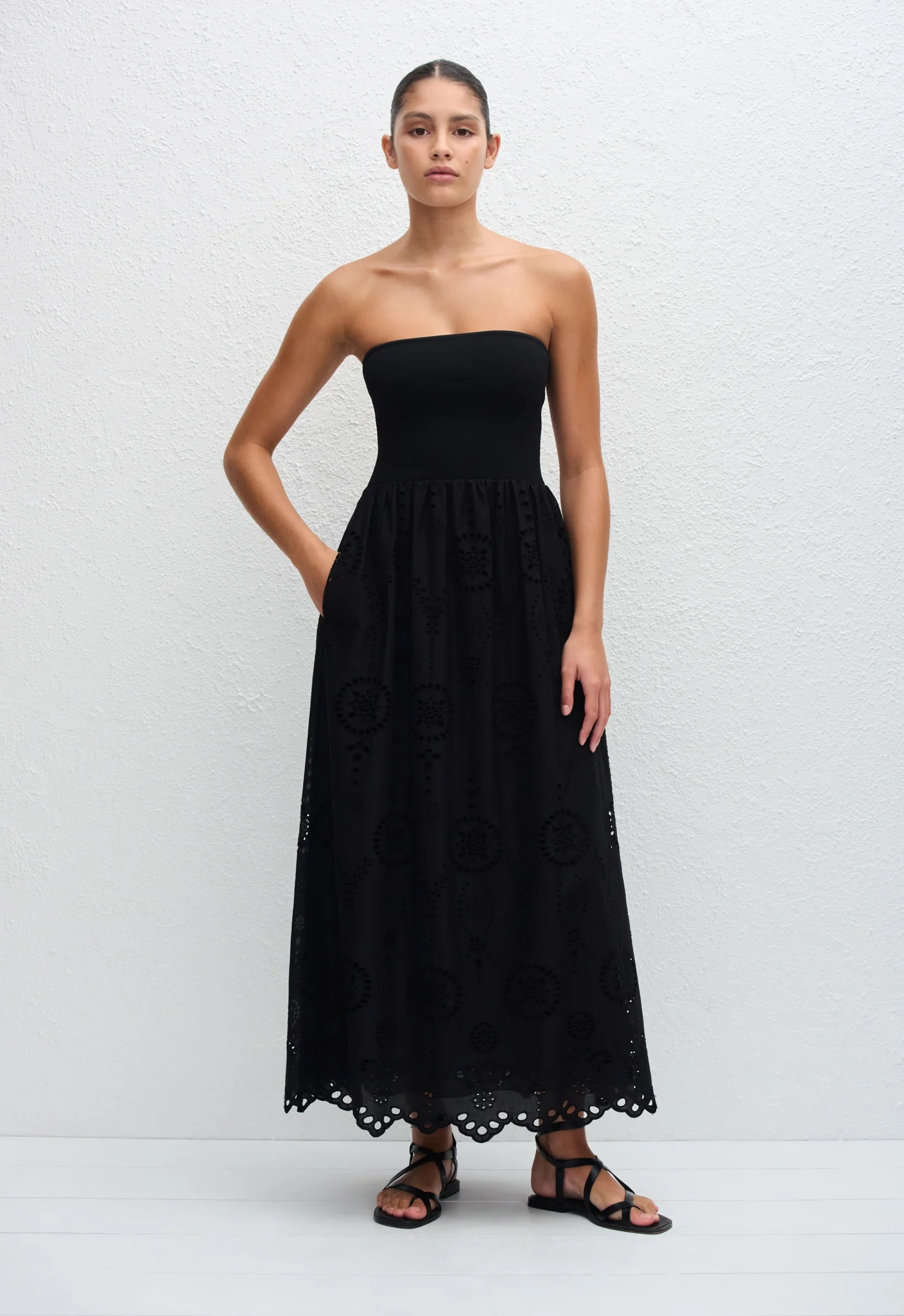 Strapless Knit and Broderie Dress - Black - Image 2