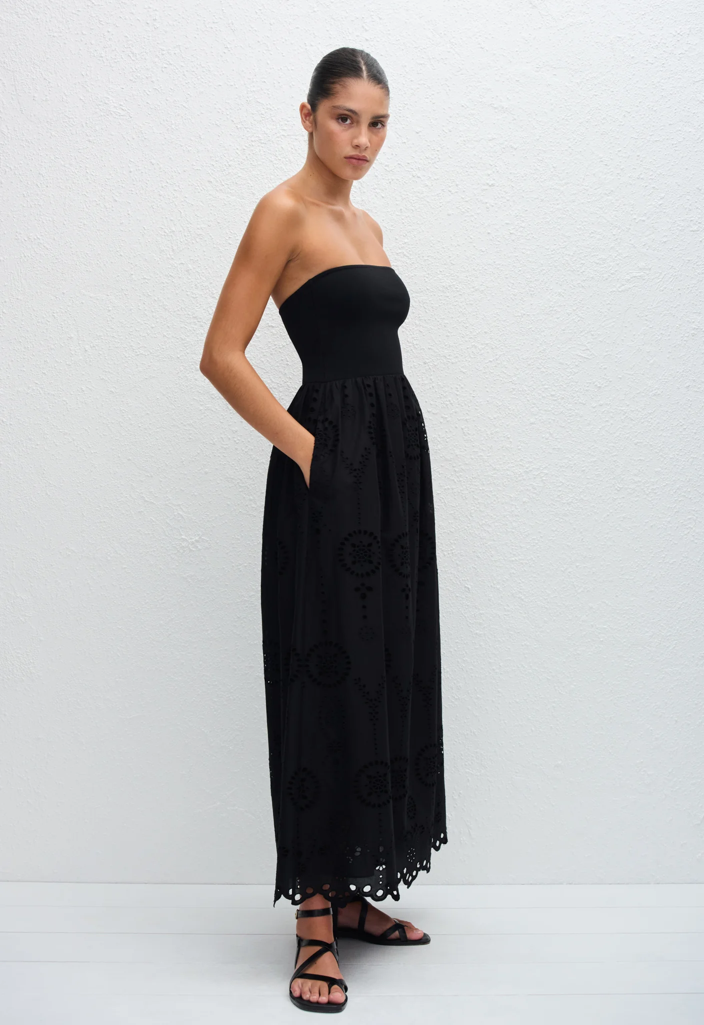 Strapless Knit and Broderie Dress - Black - Image 3